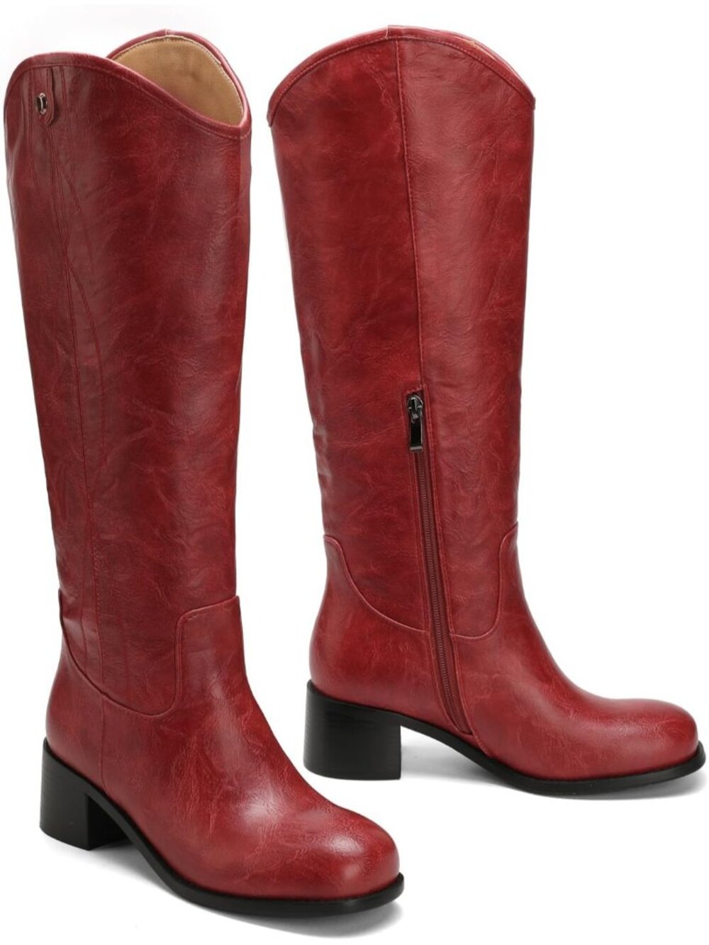 Women's Red Square Toe Chunky Block Heel Casual Campus Tall Boots Western - Picture 5 of 6